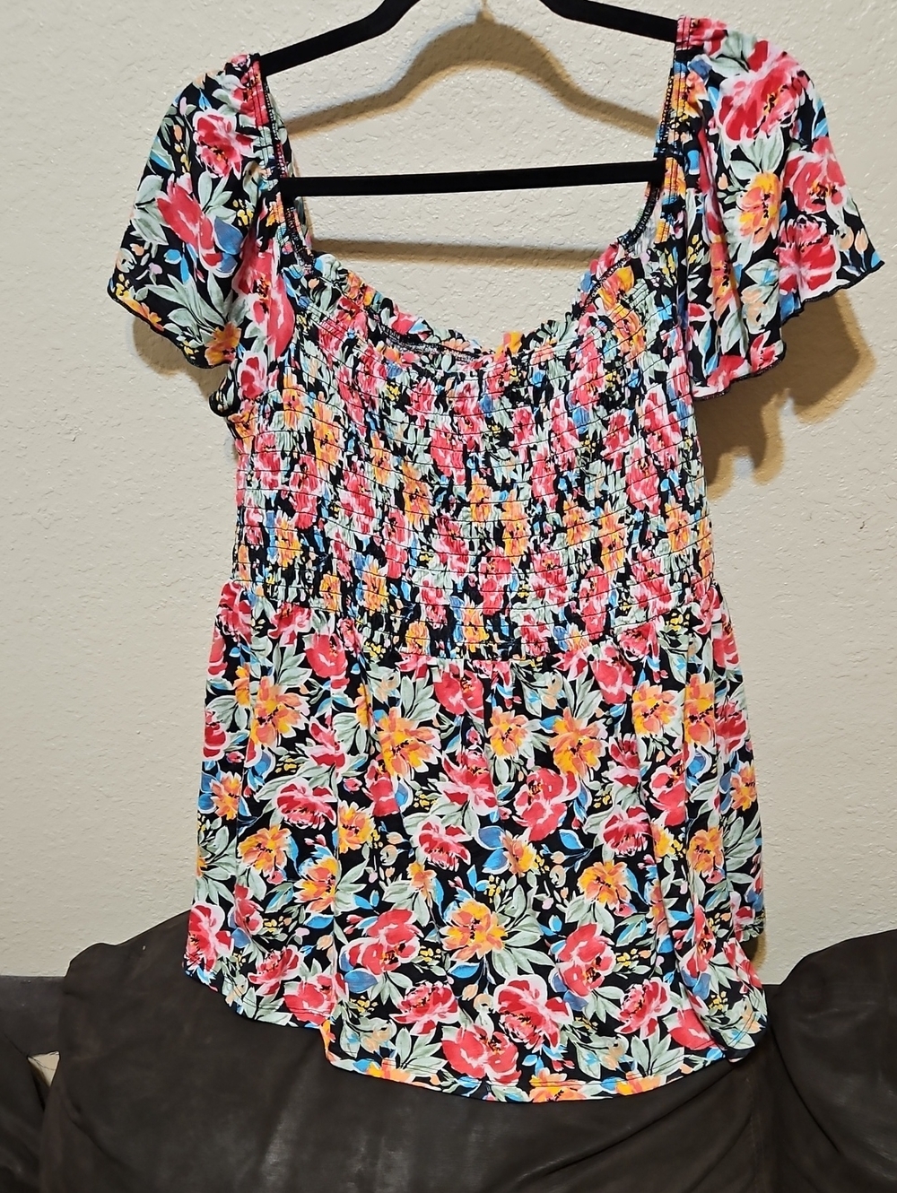 torrid Black Floral Smocked Peplum Tunic with Coral and Yellow Blooms